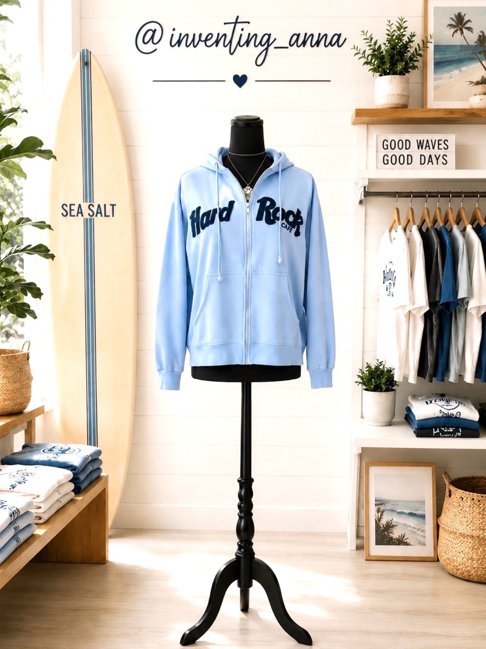 HARD ROCK CAFE Light Blue Zip-Up Hoodie w/Monogrammed Logo and Pockets